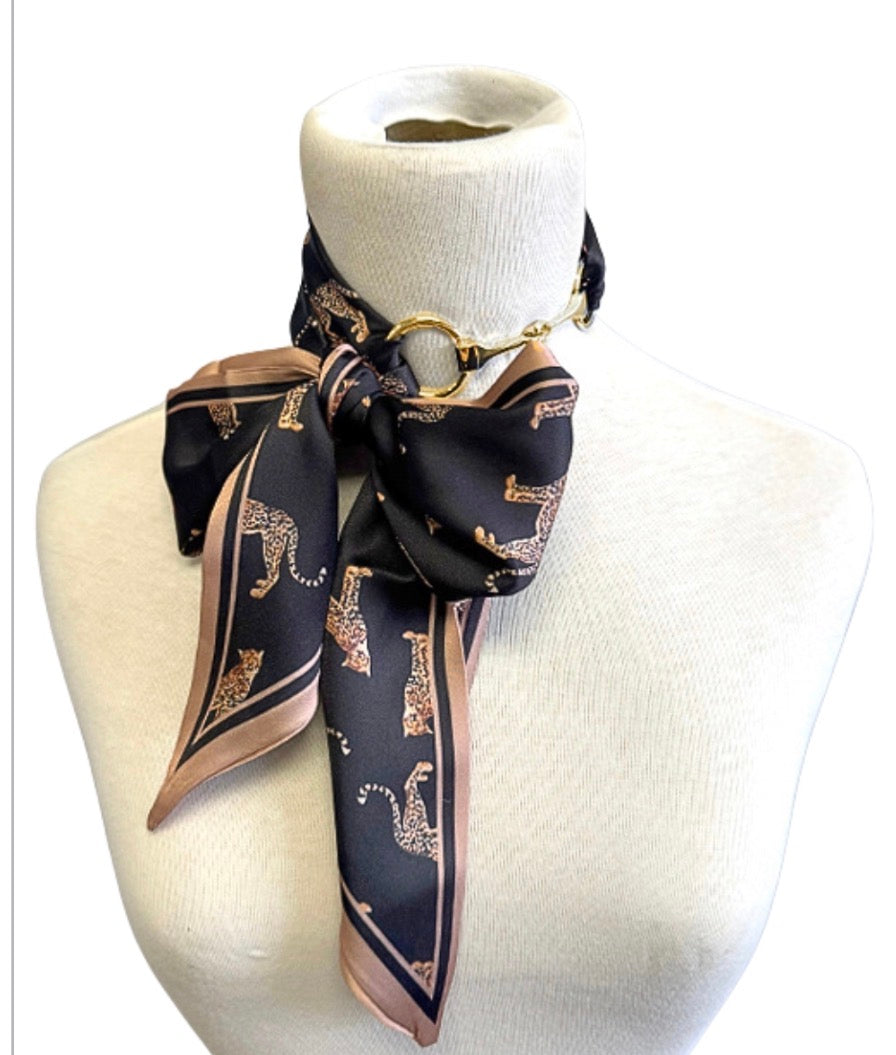 Scarf and Horsebit Buckle Necklace - Black/Brown