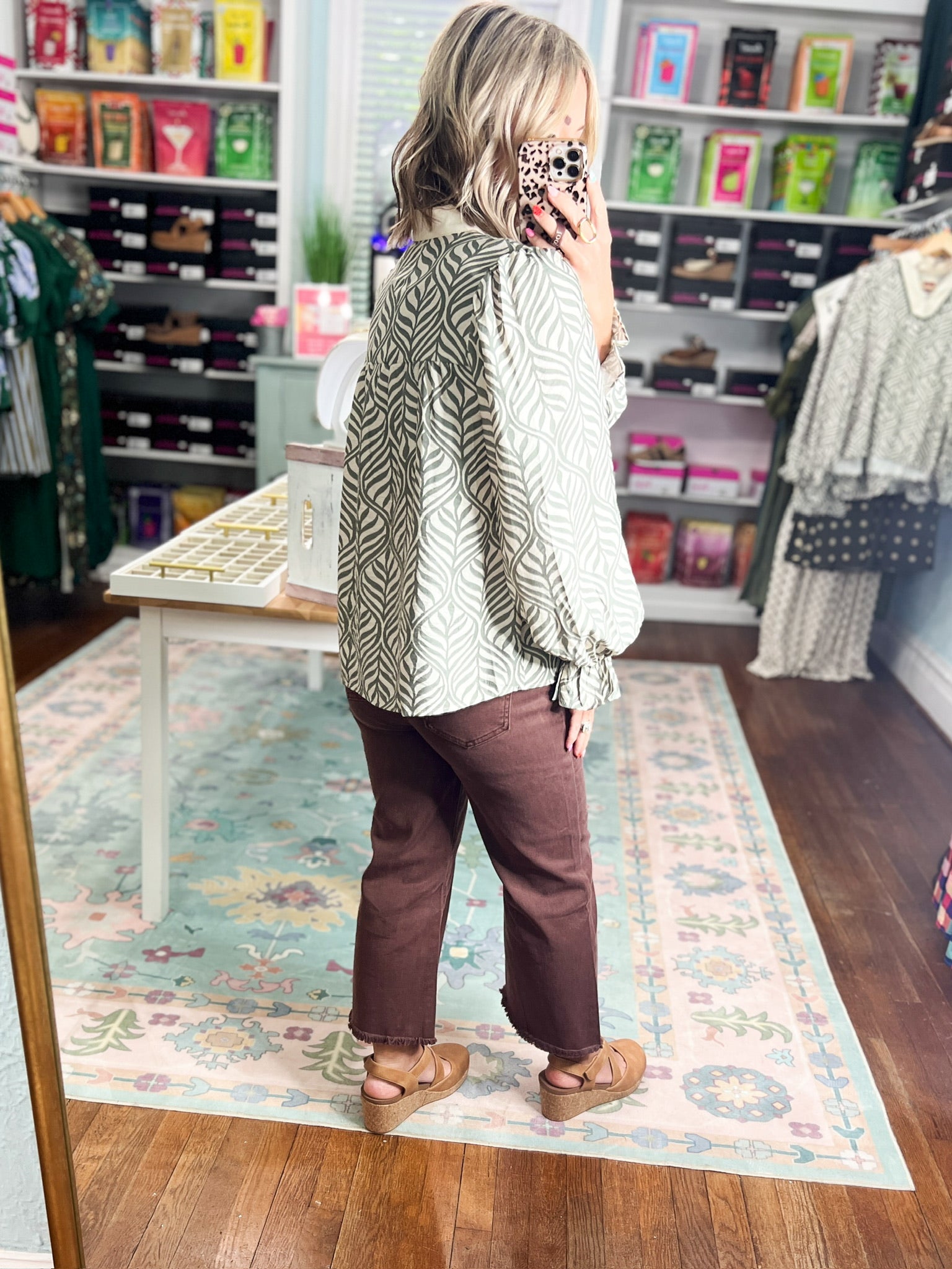 Autumn Whisper Botanical Puff Blouse - Sage