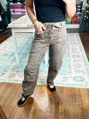Risen | Slouchy Crop Barrel Pants with Waistband Drawstring and Eyelet Detail - Brown Leopard