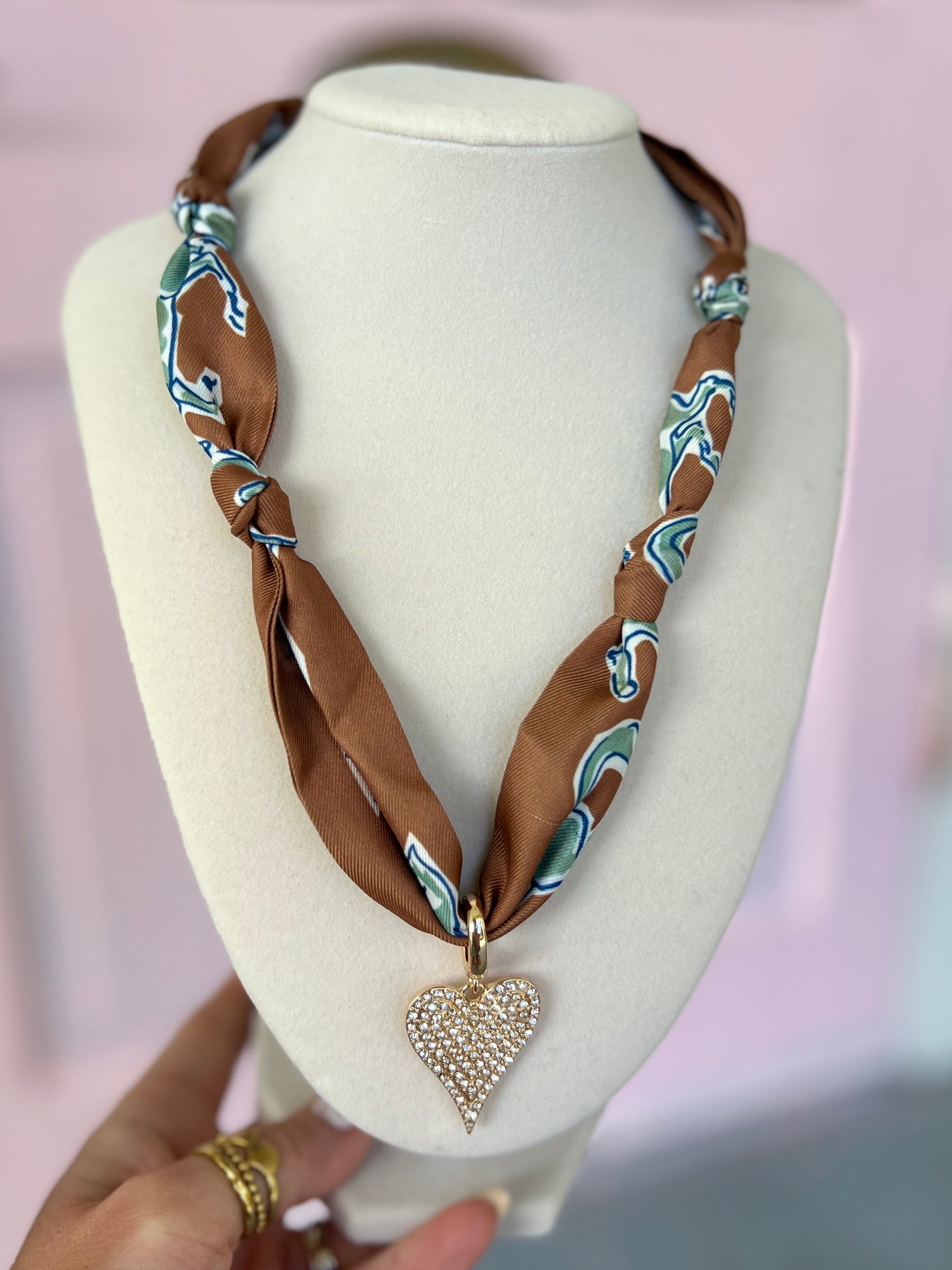 Winnie Pave Heart Scarf Necklace - Brown