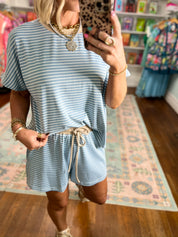 New Days Striped Knit Top and Shorts Set - Denim Blue/Taupe
