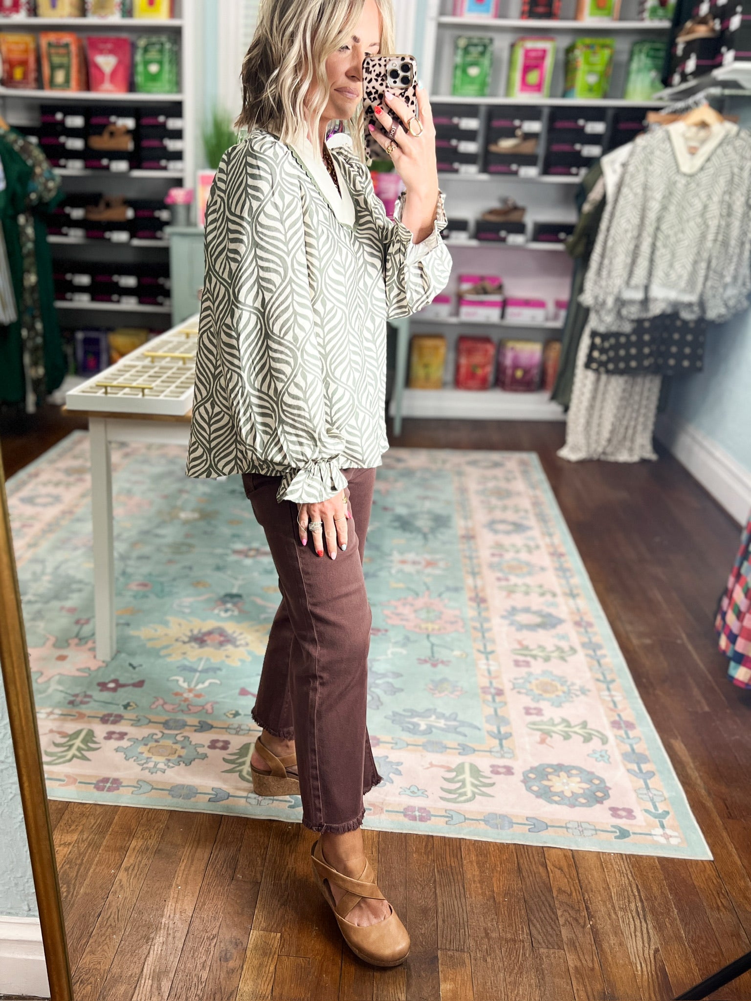 Autumn Whisper Botanical Puff Blouse - Sage