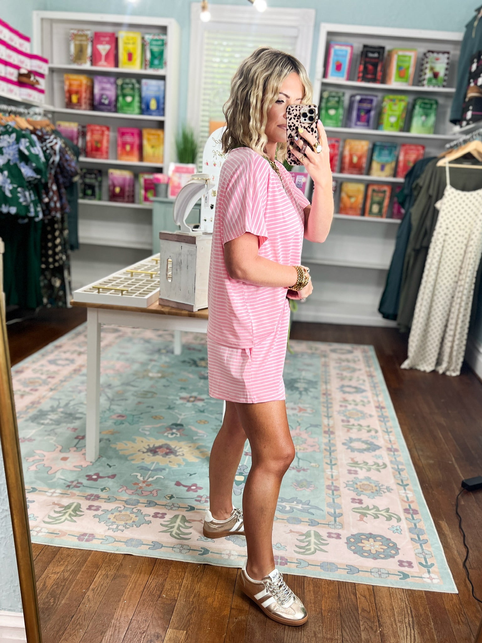 New Days Striped Knit Top and Shorts Set - Candy Pink/Matcha