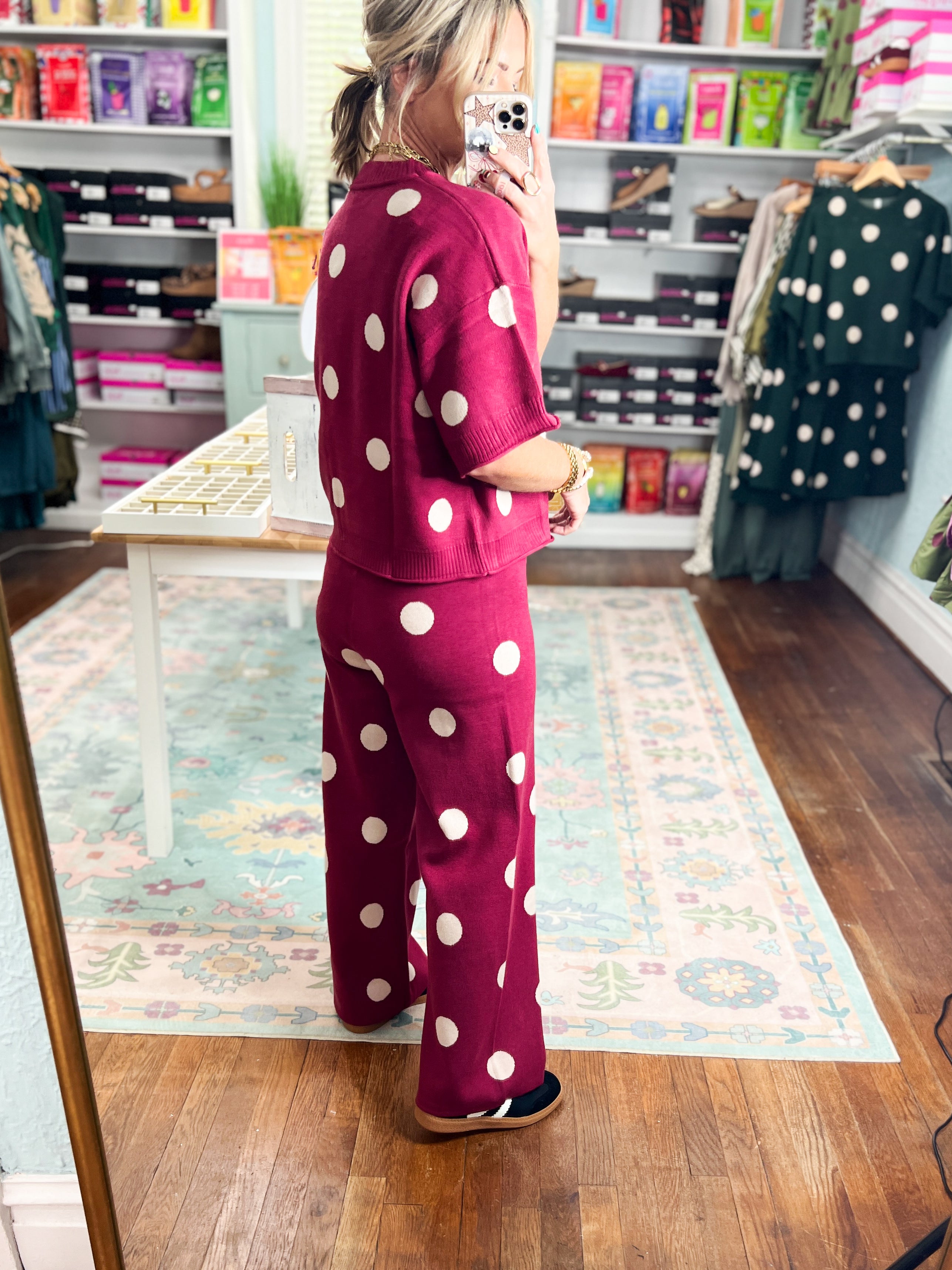 Polka Party Knit PANTS - Burgundy