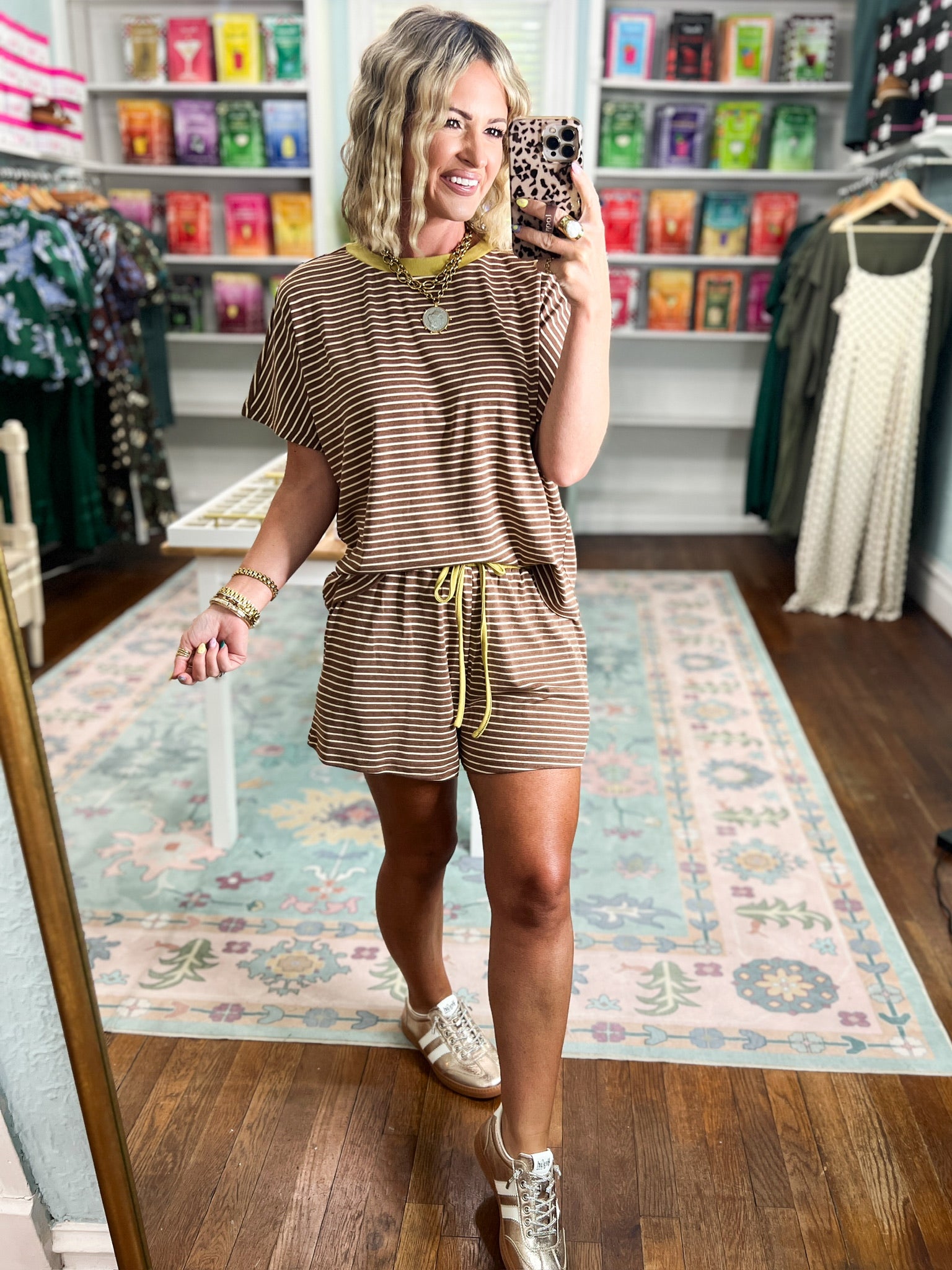 New Days Striped Knit Top and Shorts Set -Mocha/Gold