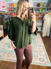 Visions of You  Balloon Sleeve Blouse - Olive