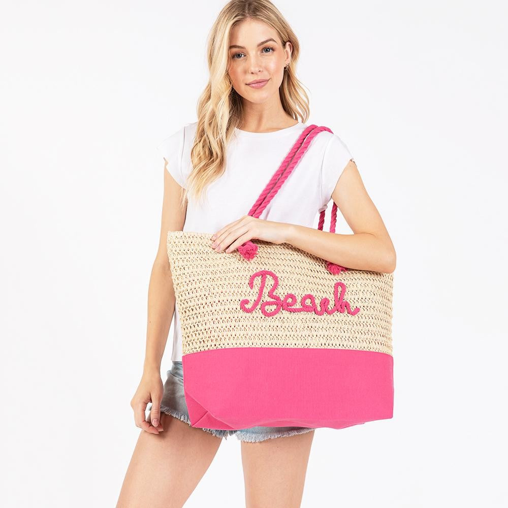 "Beach" Straw Tote - Hot Pink