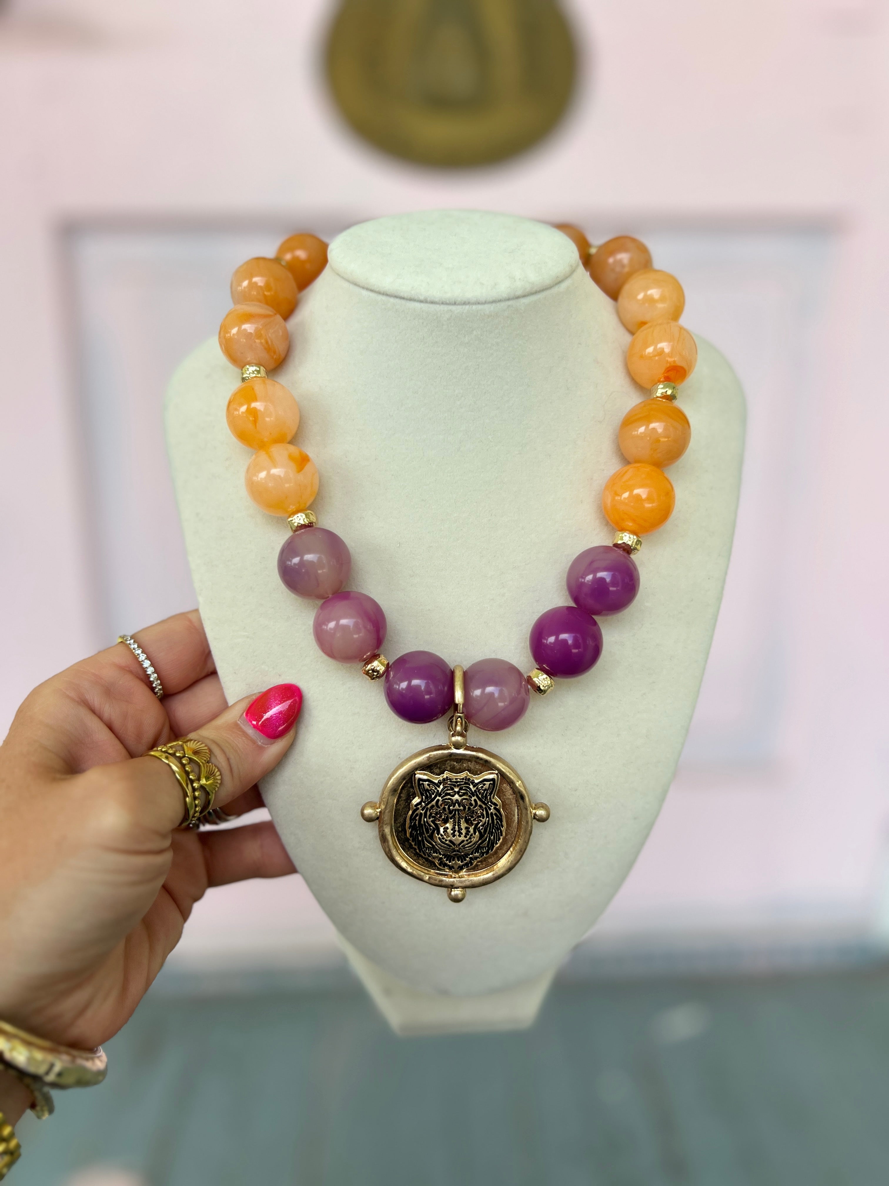Tiger Acrylic Marble Bead Necklace - Orange/Lavender