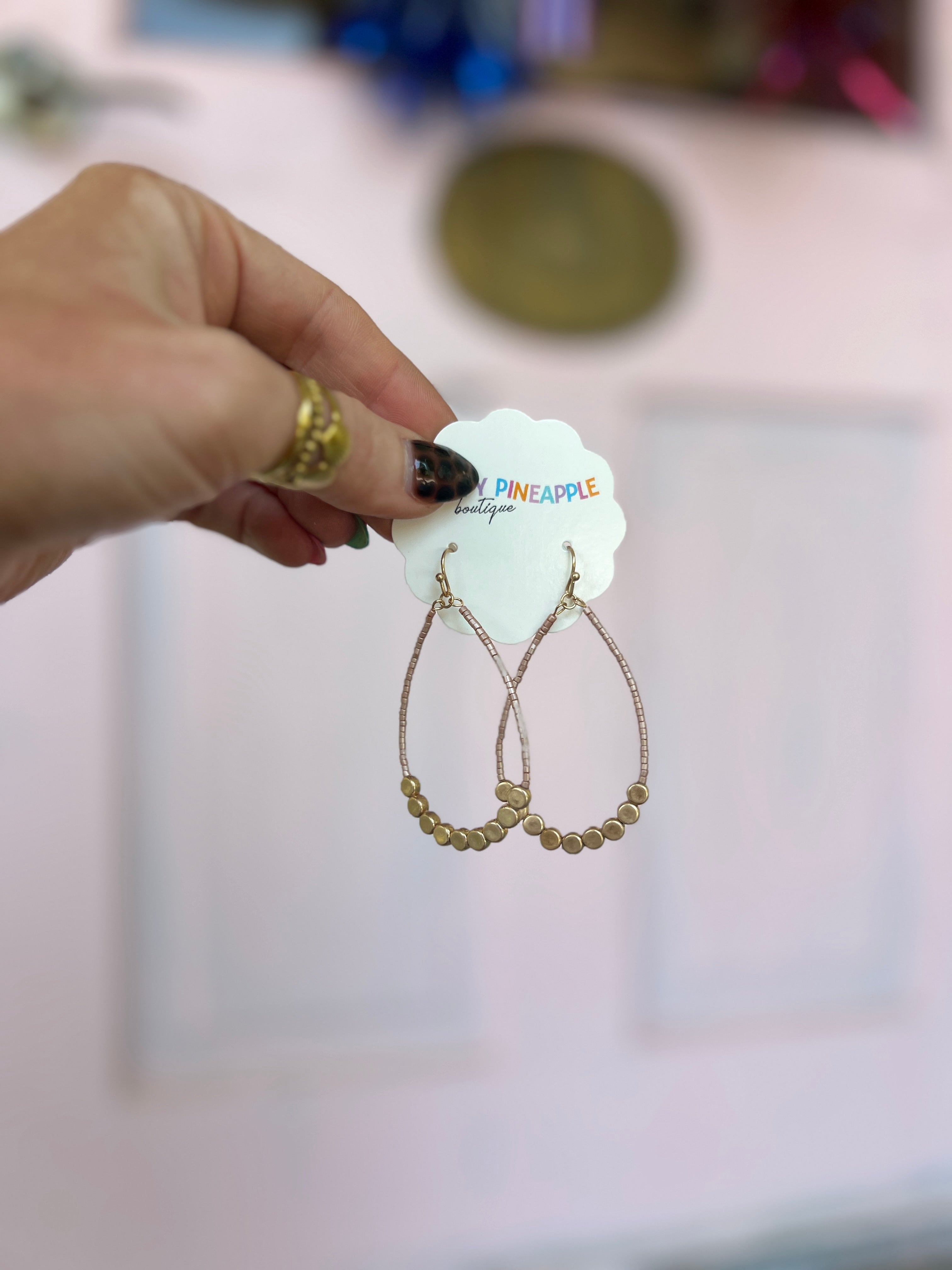 Bead Teardrop Earrings - Mauve/WornGold
