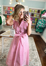 Let's Meet Later Striped Midi Dress - Pink