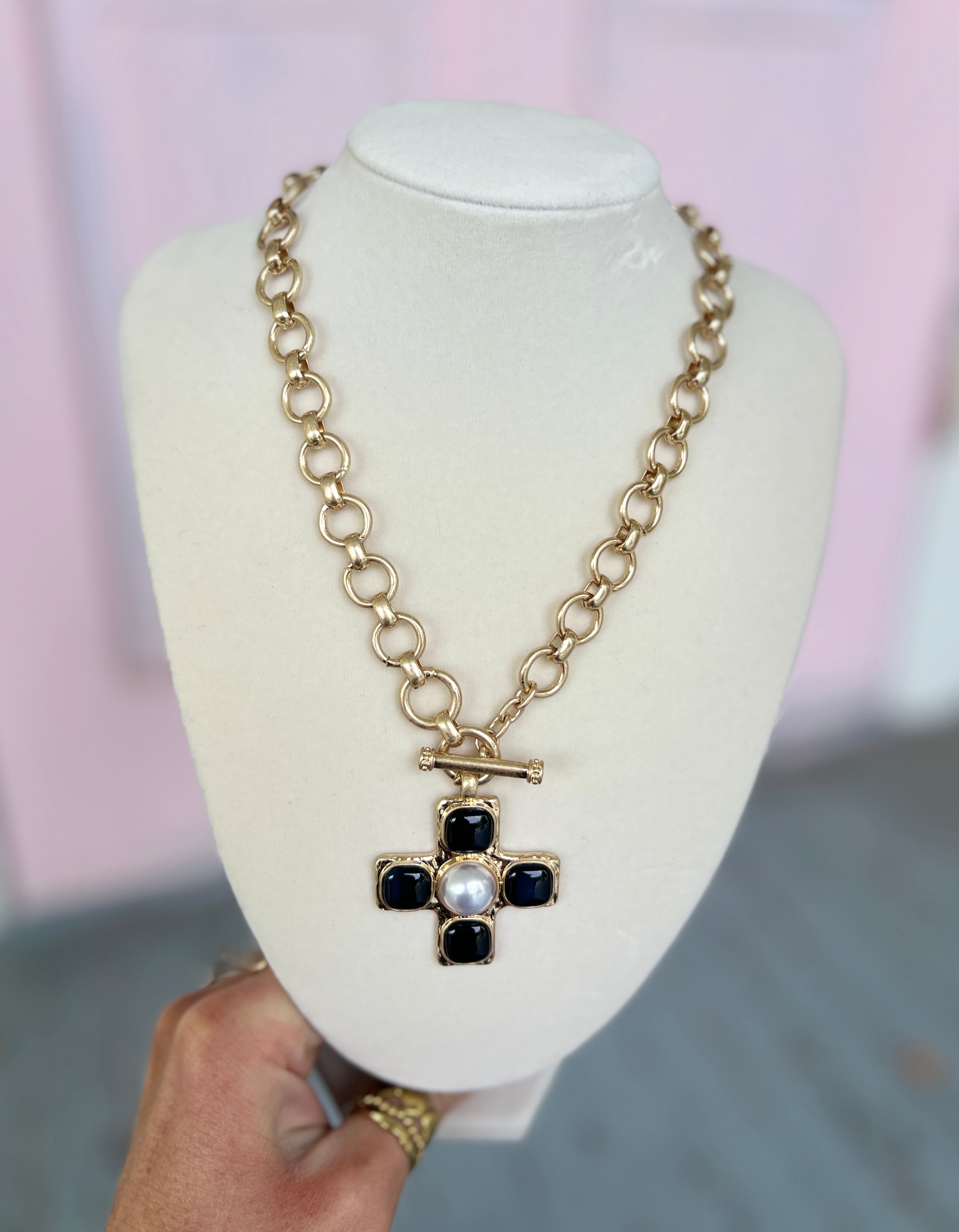Vintage Cross and Chain Necklace Set - Black/Gold