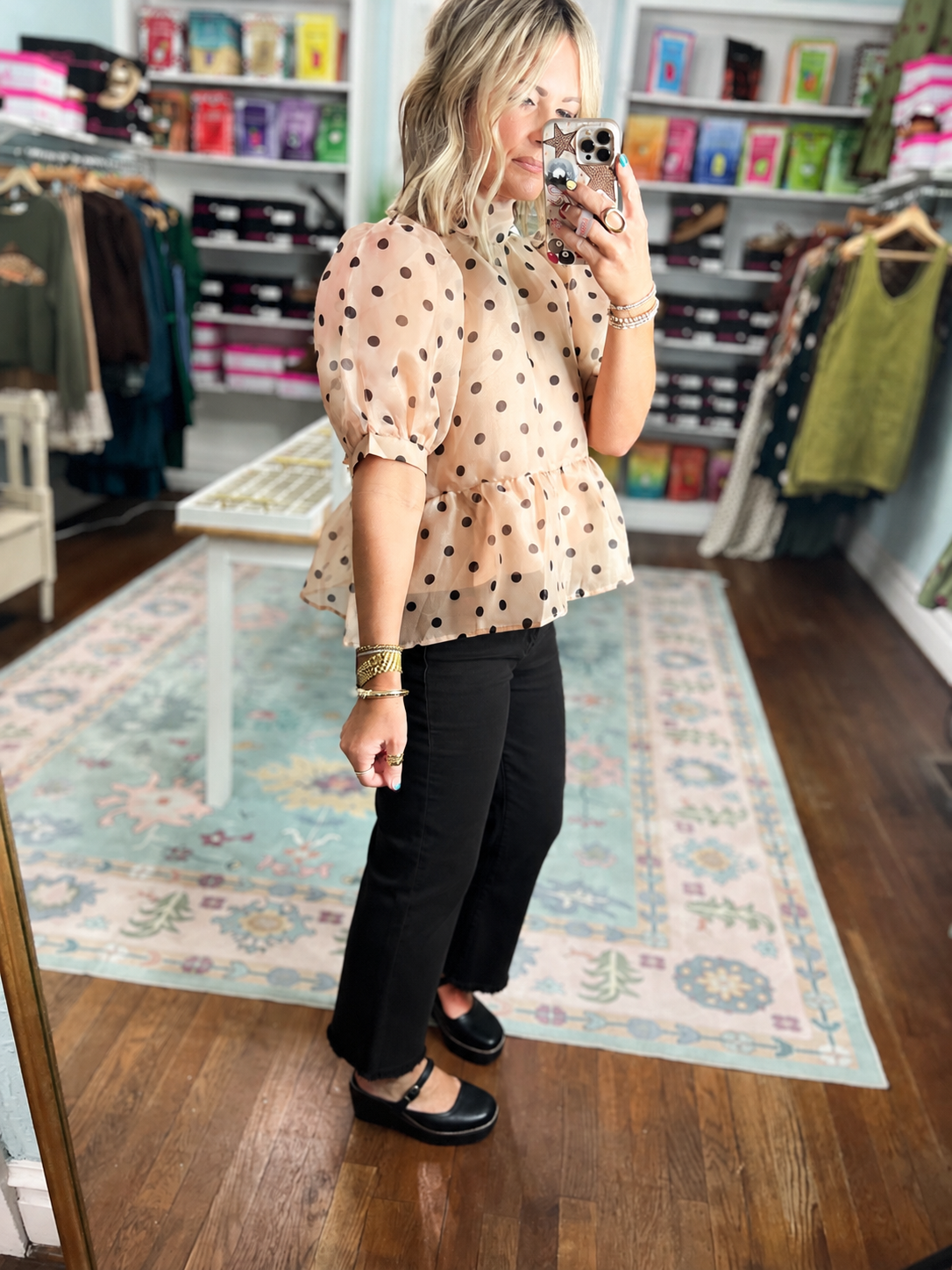 Polka dot peplum top in light pink with dark dots, puff sleeves, gathered waist