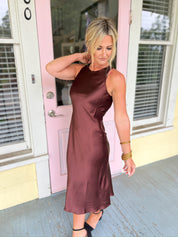 Glamorous Moments Satin Midi Dress - Chestnut