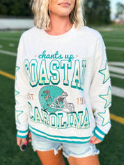 Heathered gray crewneck sweatshirt with teal sports graphic and ribbed cuffs