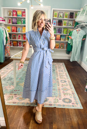 Let's Meet Later Striped Midi Dress - Blue