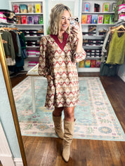 Unmistakably You Geo Floral Shift Dress - Burgundy