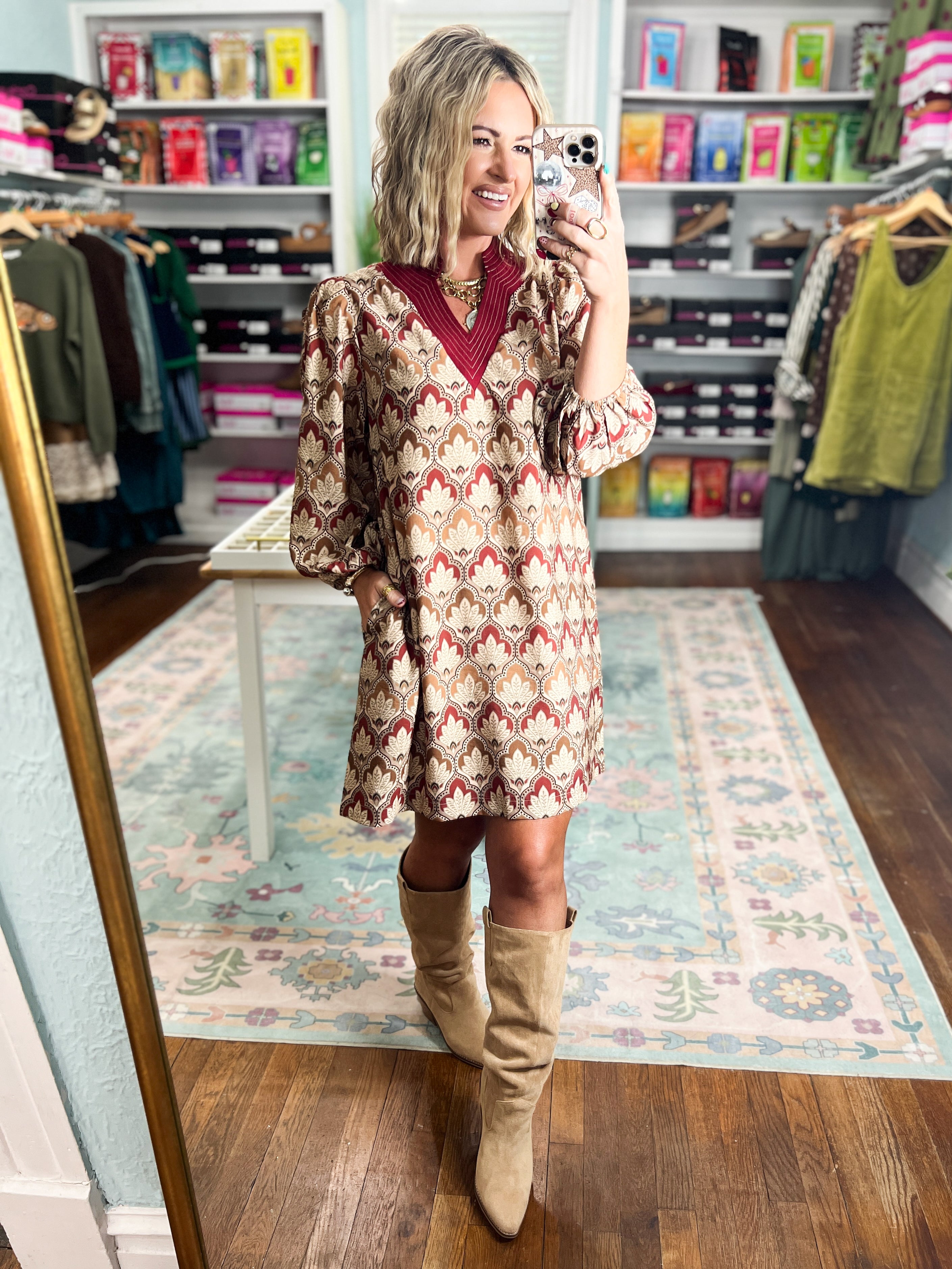 Unmistakably You Geo Floral Shift Dress - Burgundy