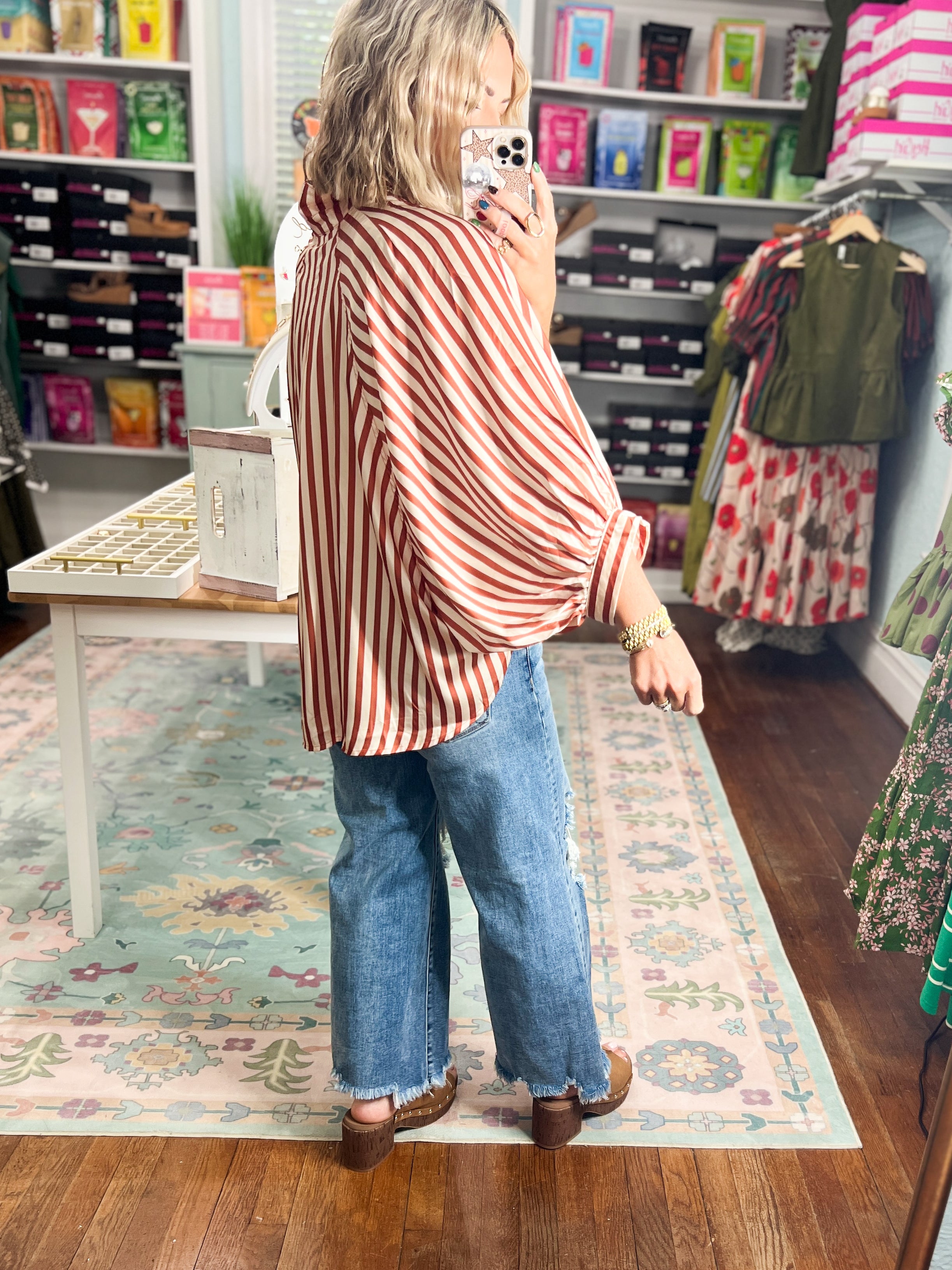 Striped and Styled Button Down Top - Camel
