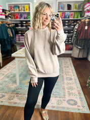 Taupe mock neck modal pullover sweater, front view with ribbed cuffs