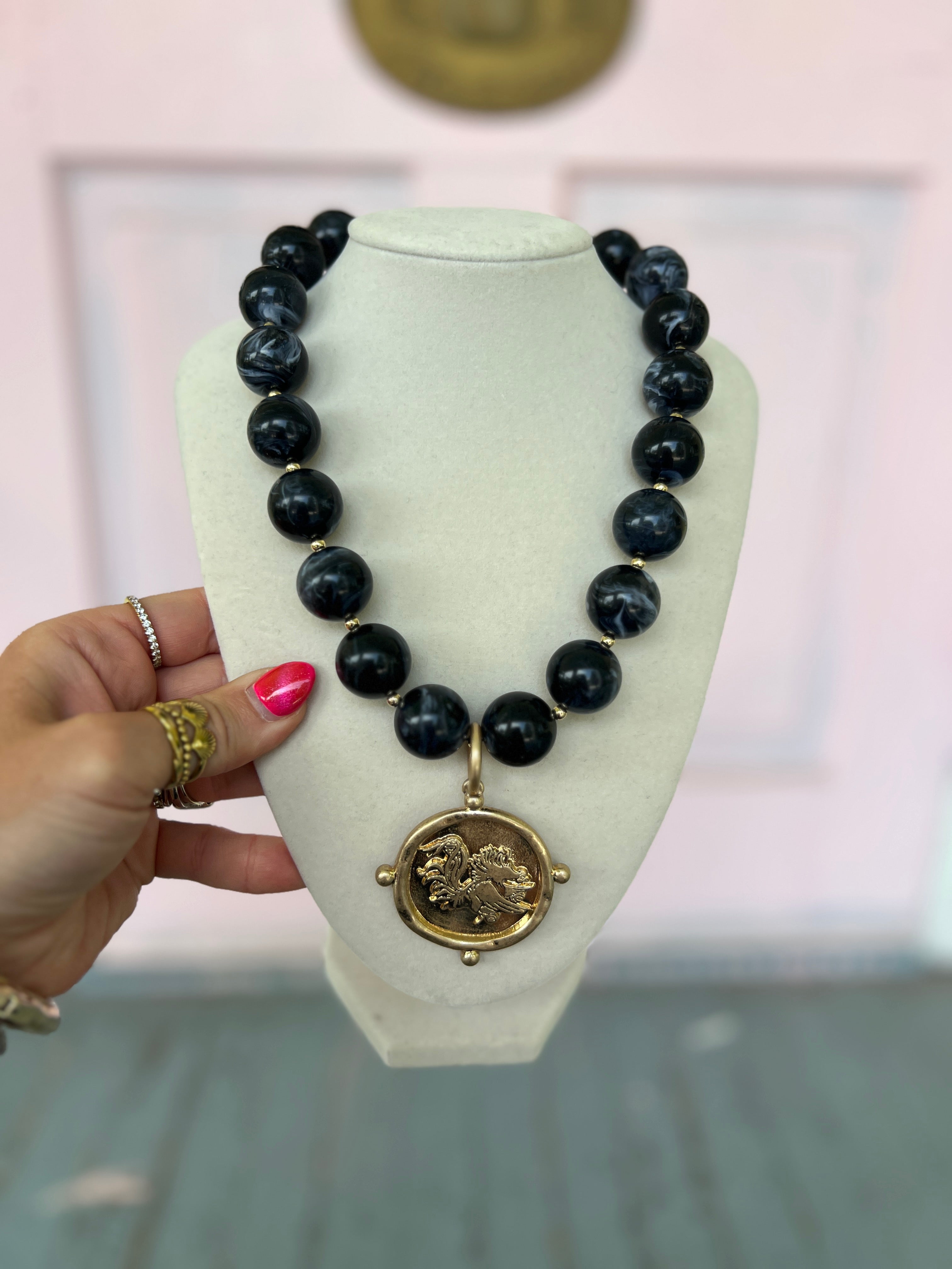 Gamecock Acrylic Marble Bead Necklace - Black
