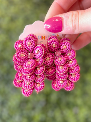 Beaded Cluster Earrings - Hot Pink/Gold