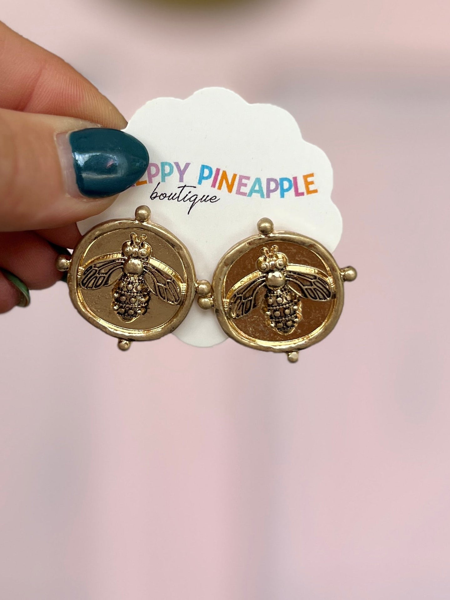 Gold-tone coin textured bee earrings with round disc design and stud backs