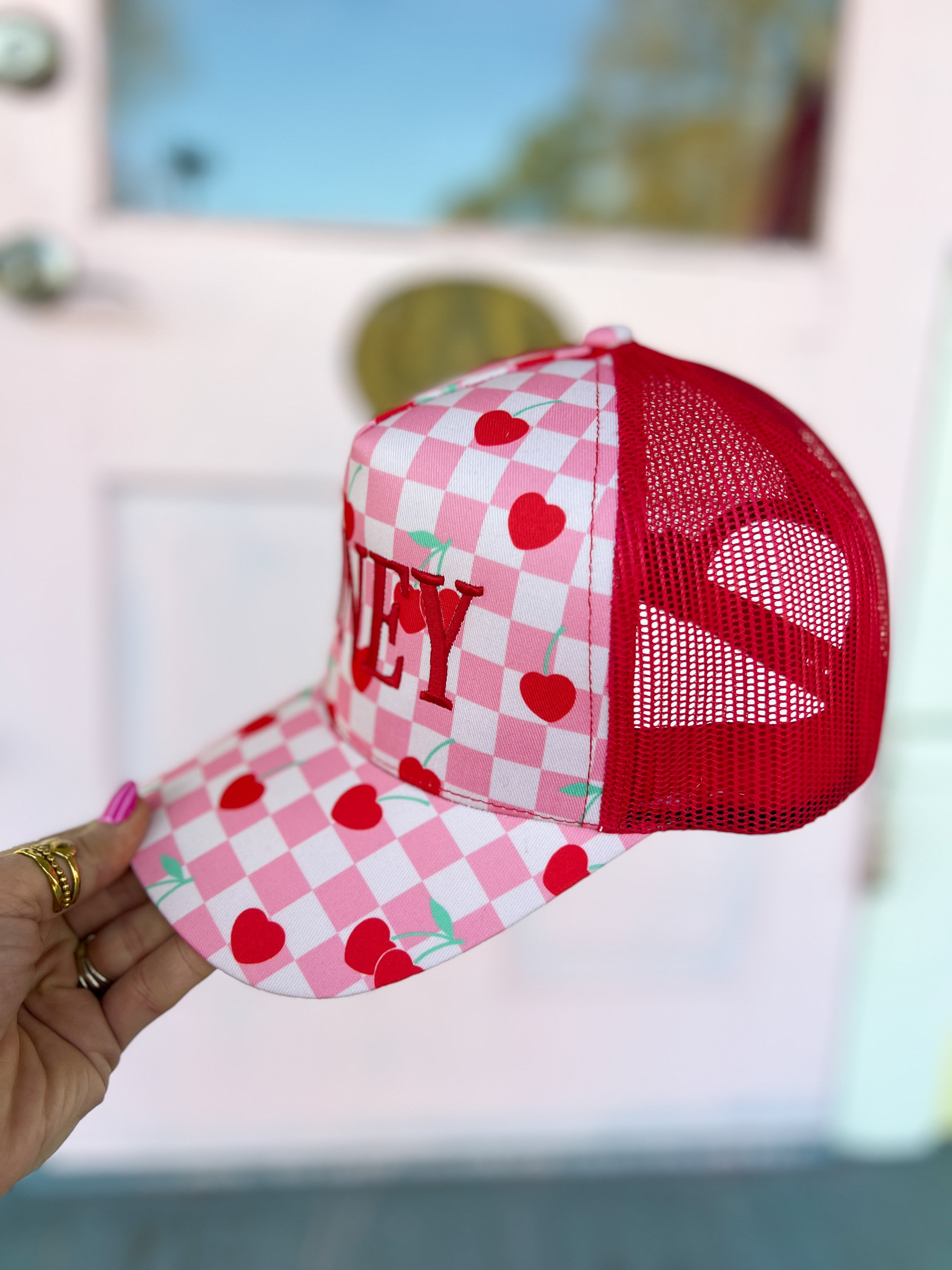 Honey Embroidered Checkered Trucker Hat