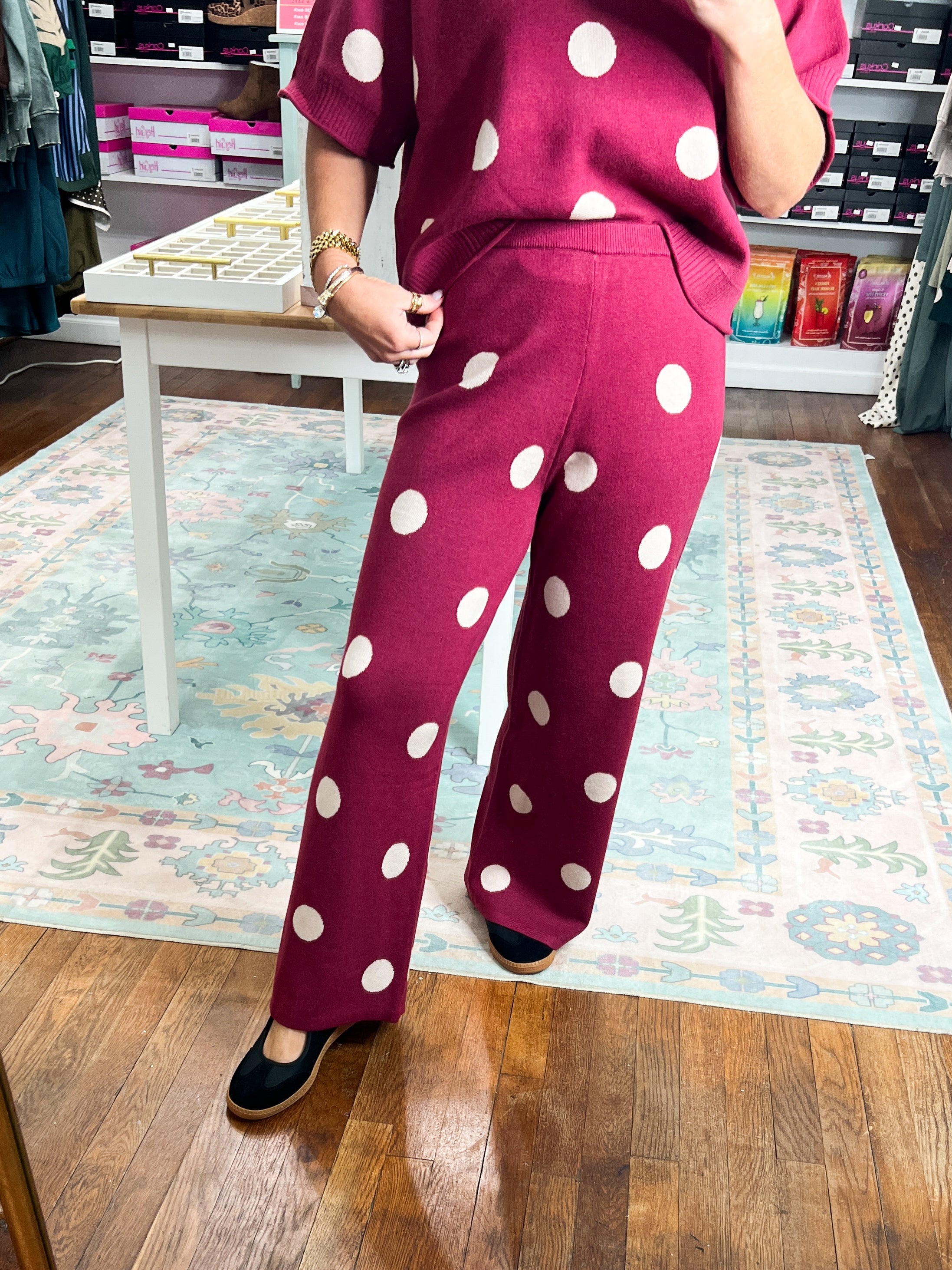 Polka Party Knit PANTS - Burgundy
