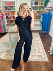 All Day Ease Ribbed Top and Pants Set - Black
