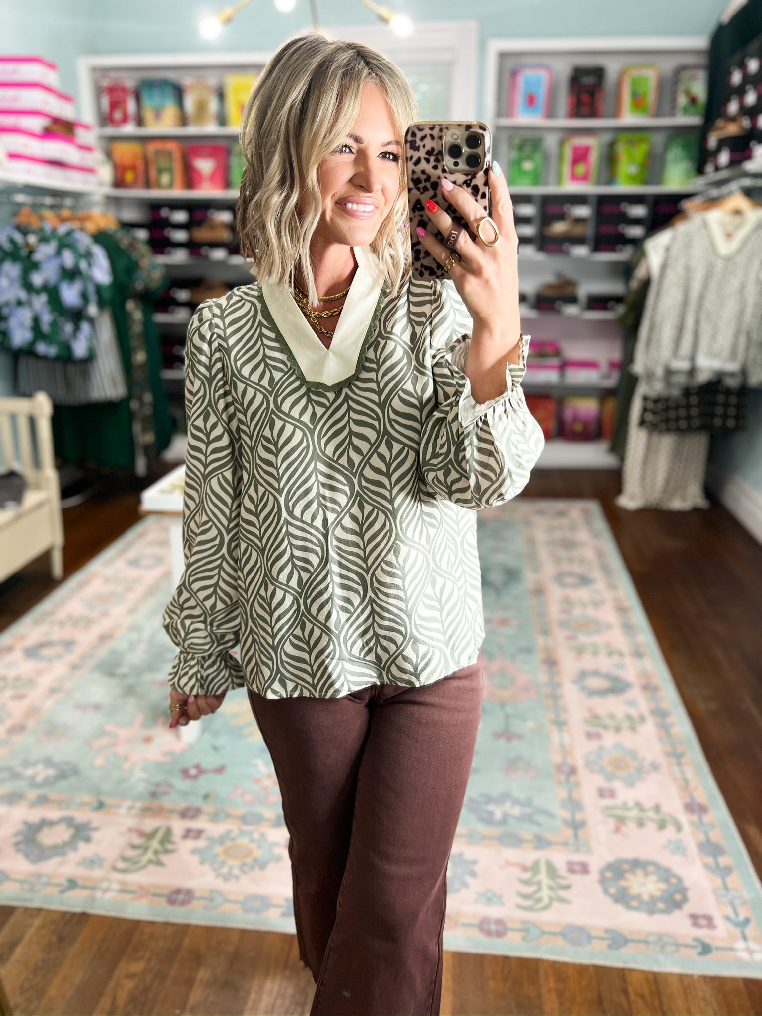 Autumn Whisper Botanical Puff Blouse - Sage
