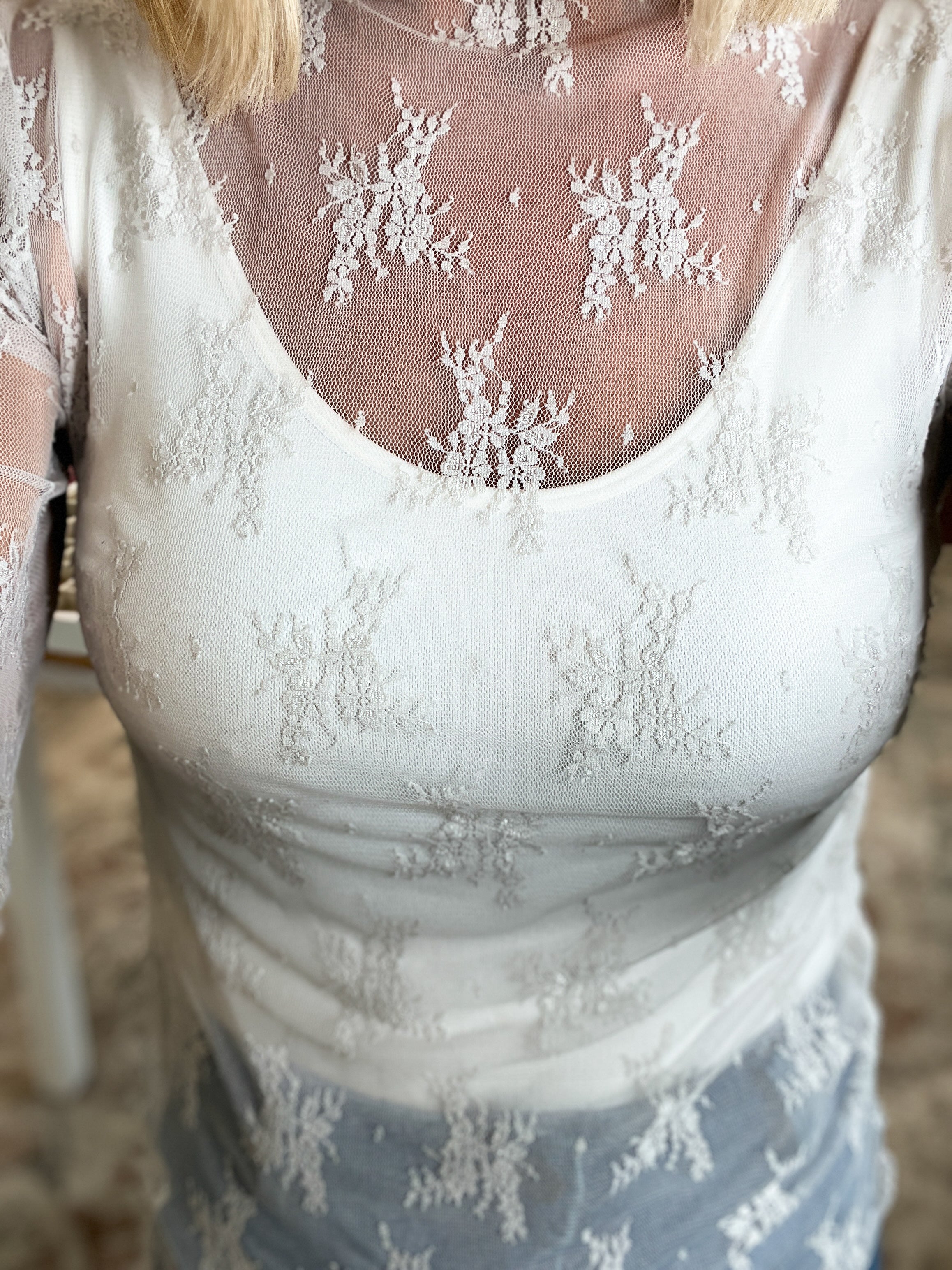 Simply Sweet Lace See-Through Layering Top - Bone
