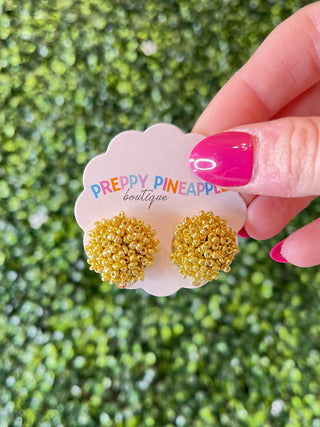 Beaded Pom Pom Earrings - Gold