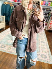 Better Off Mineral Wash Shacket- Dk. Brown