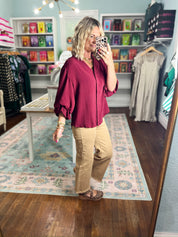 Visions of You  Balloon Sleeve Blouse - Burgundy