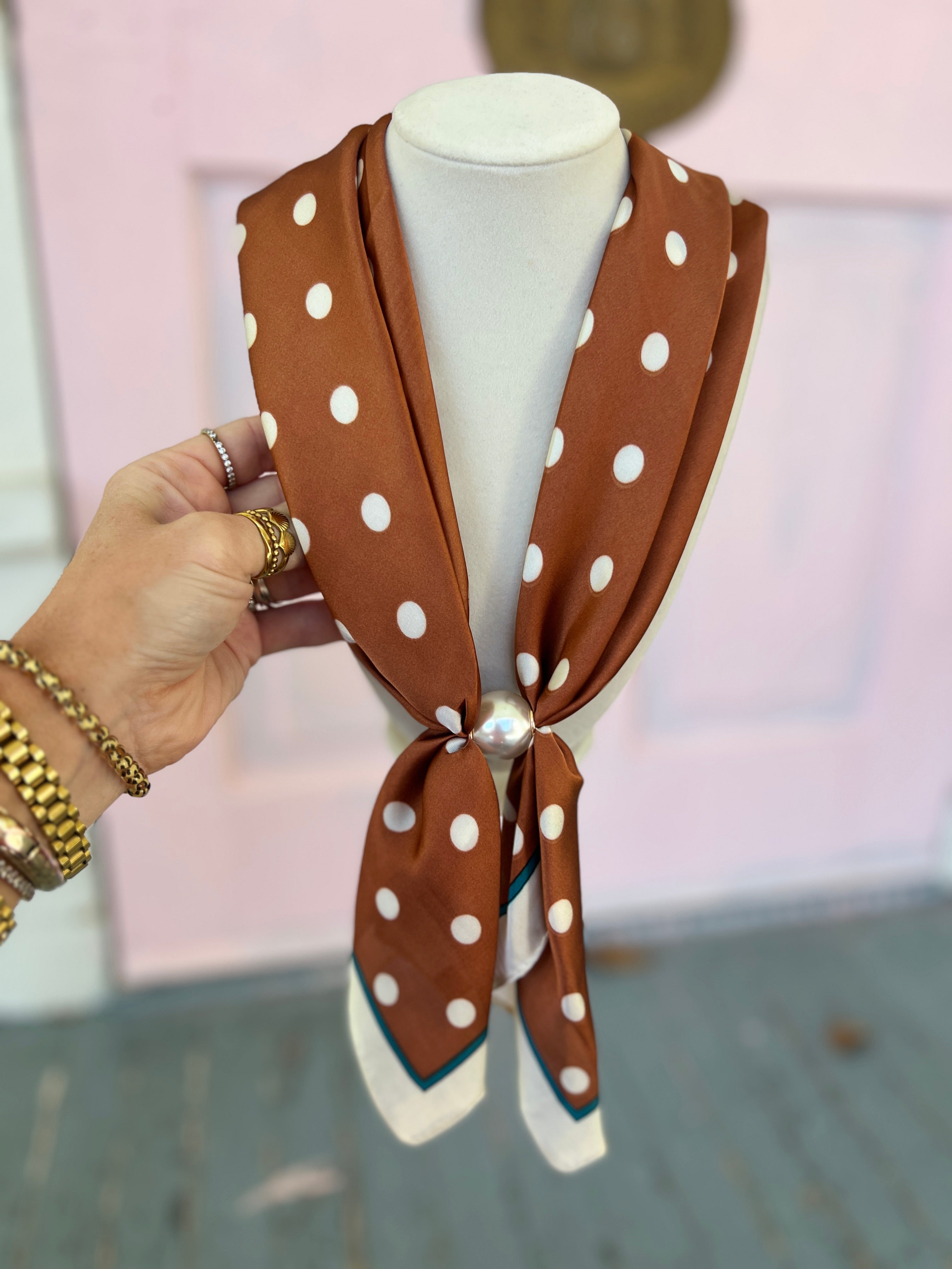 Pearl Scarf Necklace - Brown Polka Dot with Teal