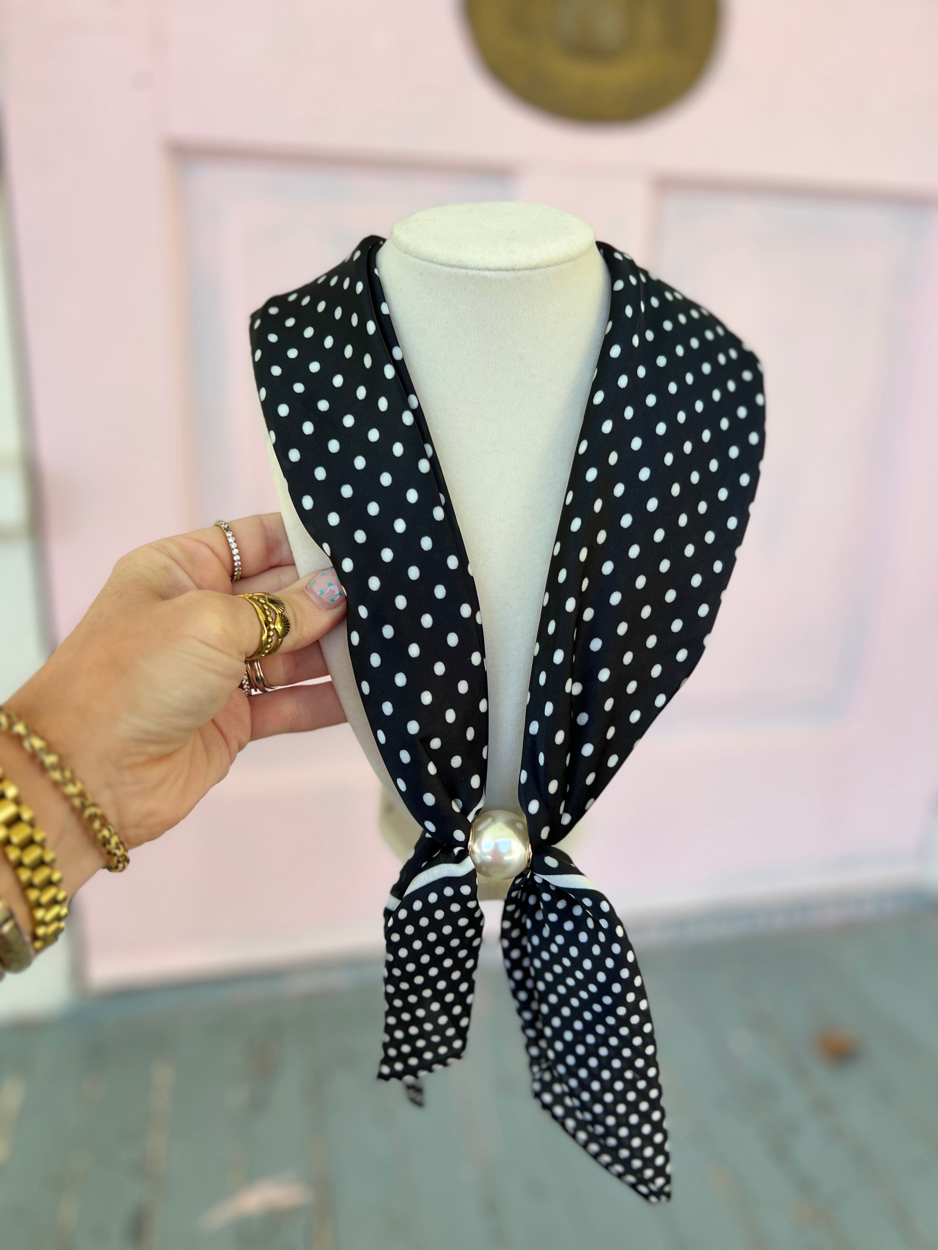 Pearl Scarf Necklace - Black/White Polka Dot