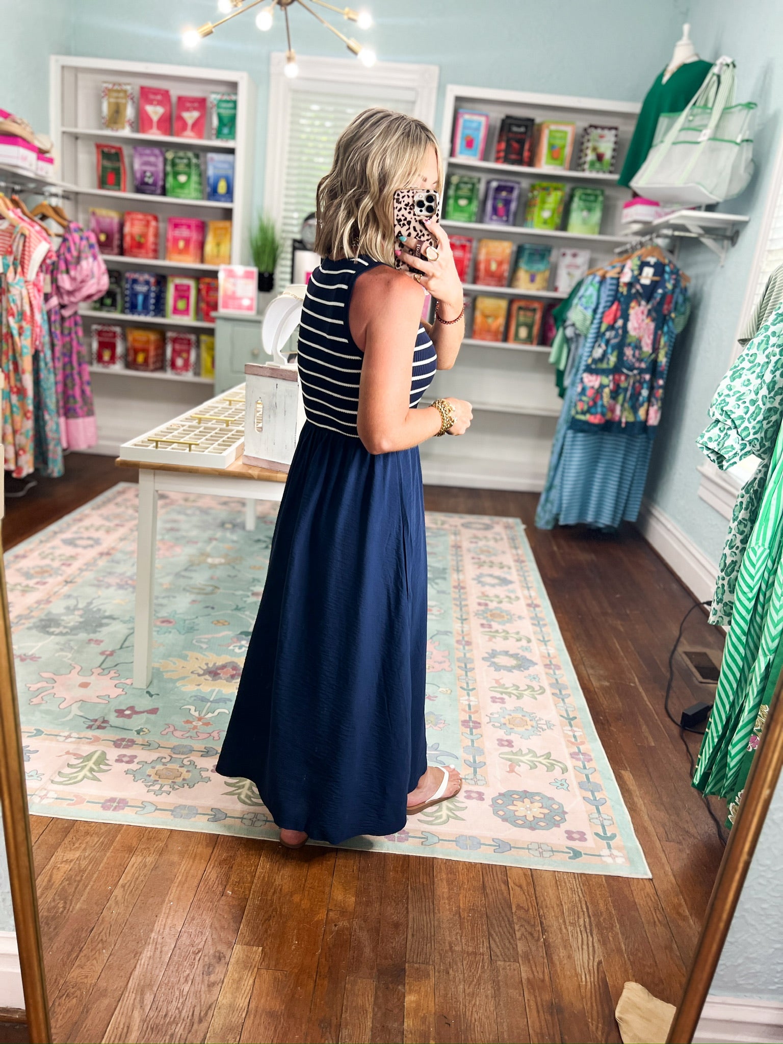 Let's See Mixed Media Midi Dress - Navy