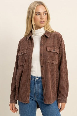 Better Off Mineral Wash Shacket- Dk. Brown