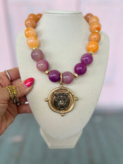 Tiger Acrylic Marble Bead Necklace - Orange/Lavender