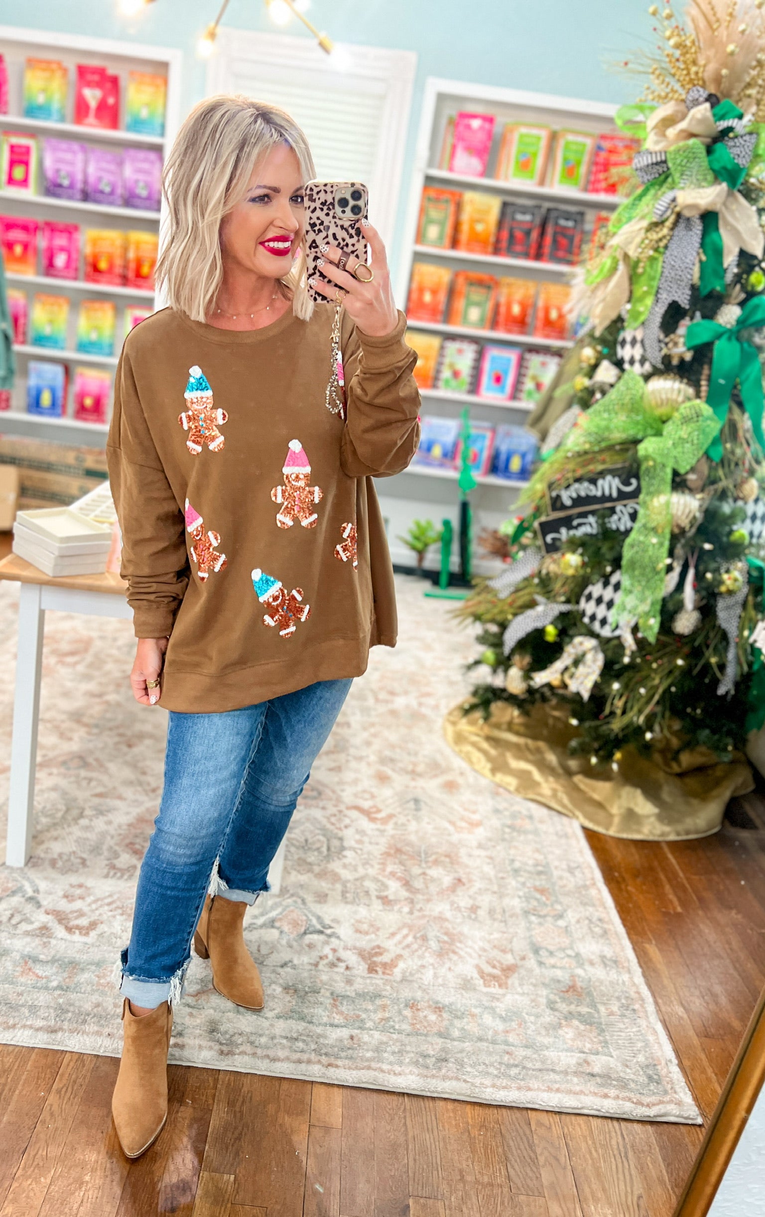 Gingerbread Hugs Sequin Sweatshirt - Brown