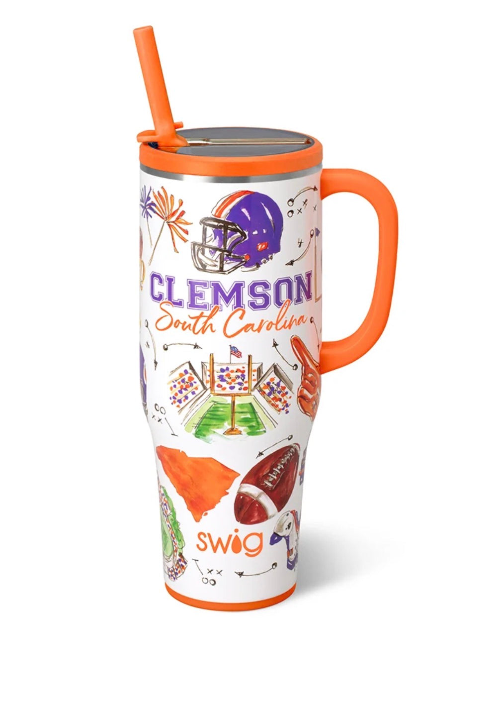 40 oz mega mug with orange lid and straw, white Clemson graphic and tiger emblem.
