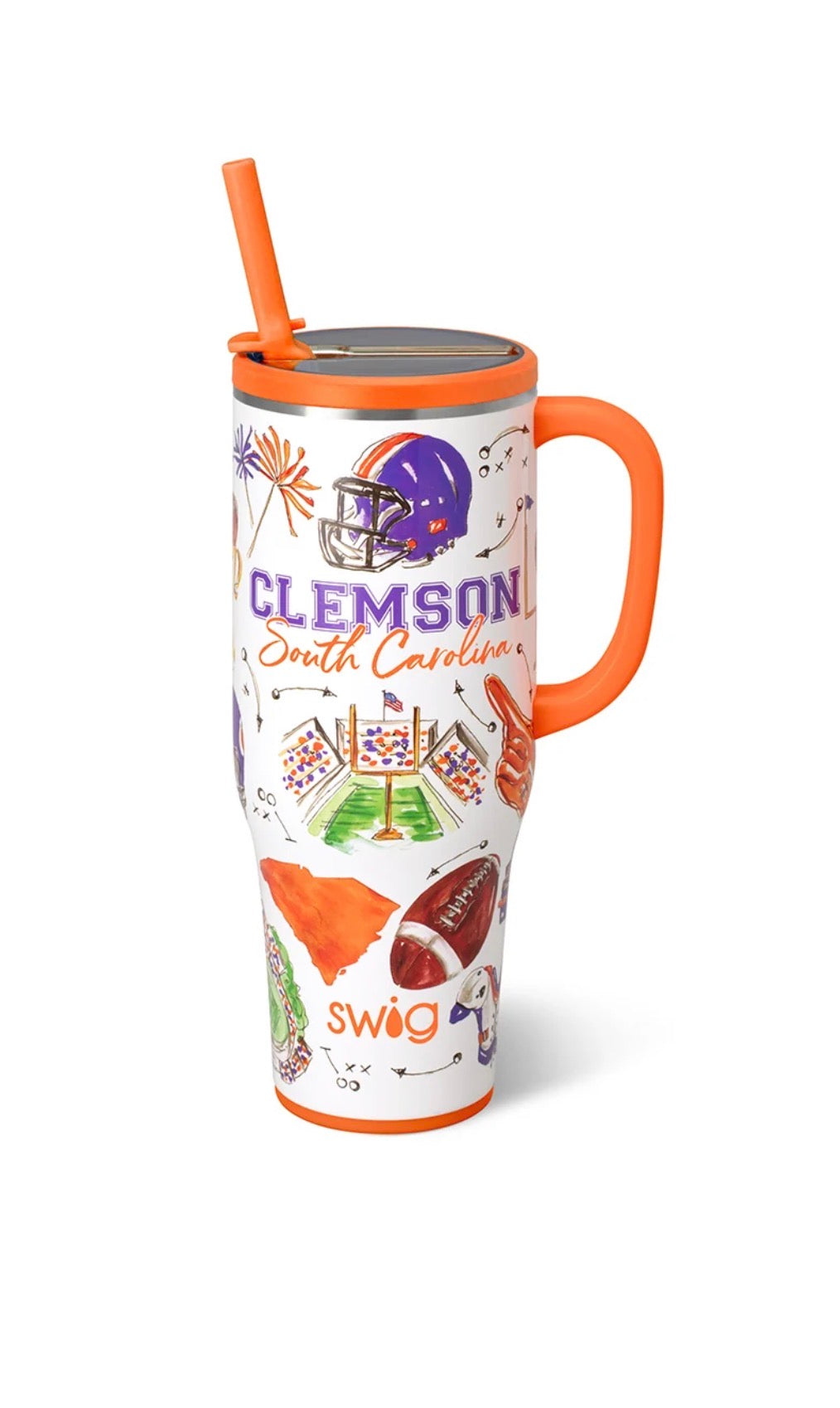 40 oz mega mug with orange lid and straw, white Clemson graphic and tiger emblem.