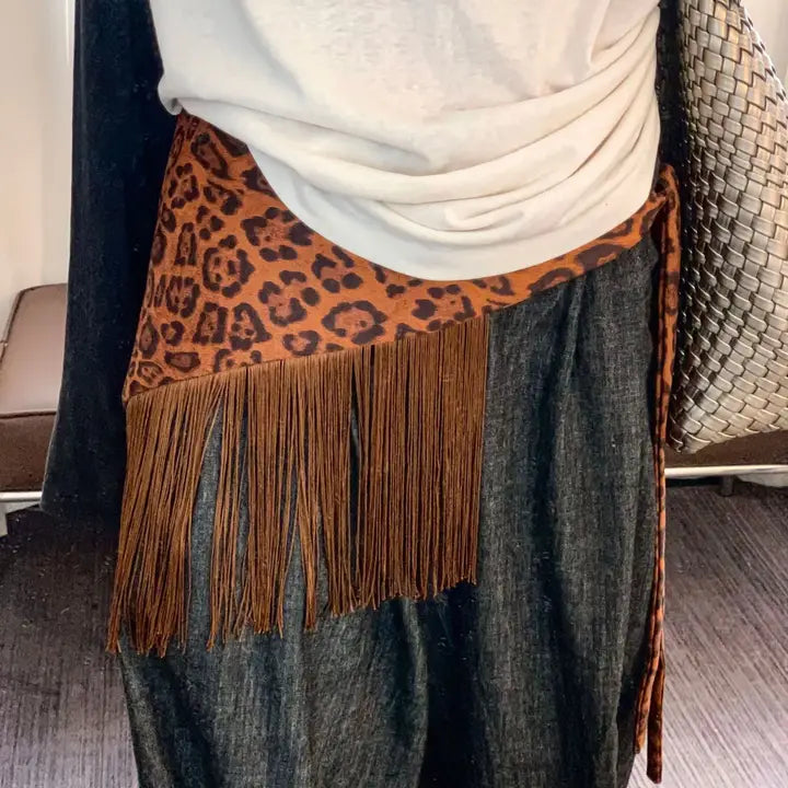 Leopard Print Tassel Triangle Belt Hip Scarf - Coffee