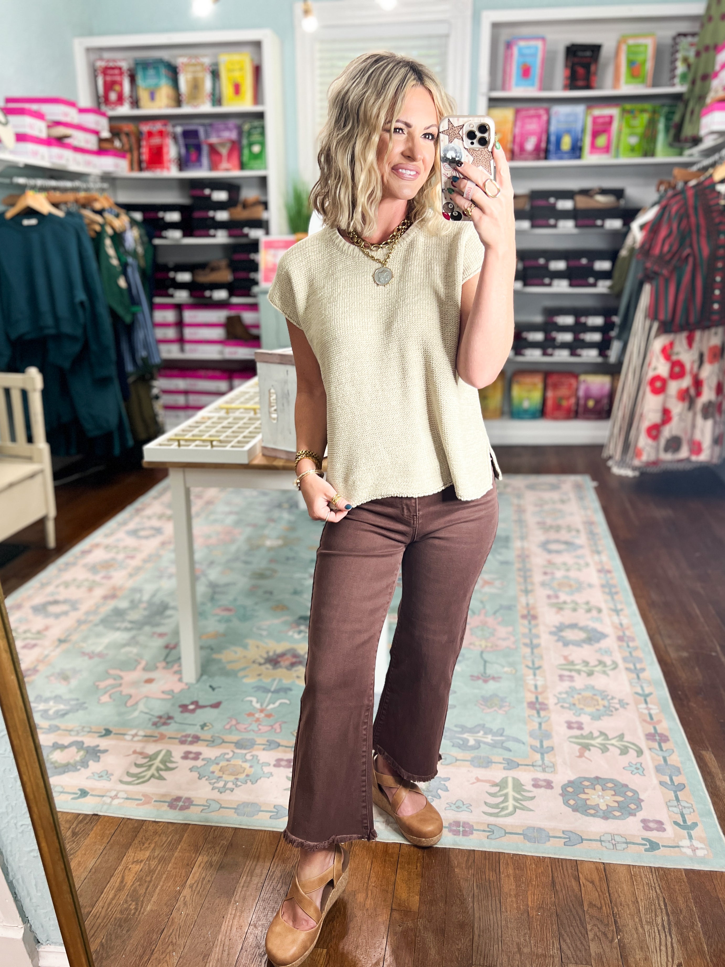 Sand beige crew neck short-sleeve knit top with relaxed fit