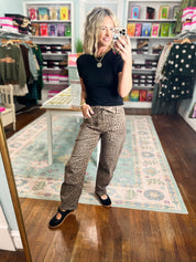 Risen | Slouchy Crop Barrel Pants with Waistband Drawstring and Eyelet Detail - Brown Leopard