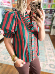 Green and rust striped blouse with embroidered front and short puff sleeves