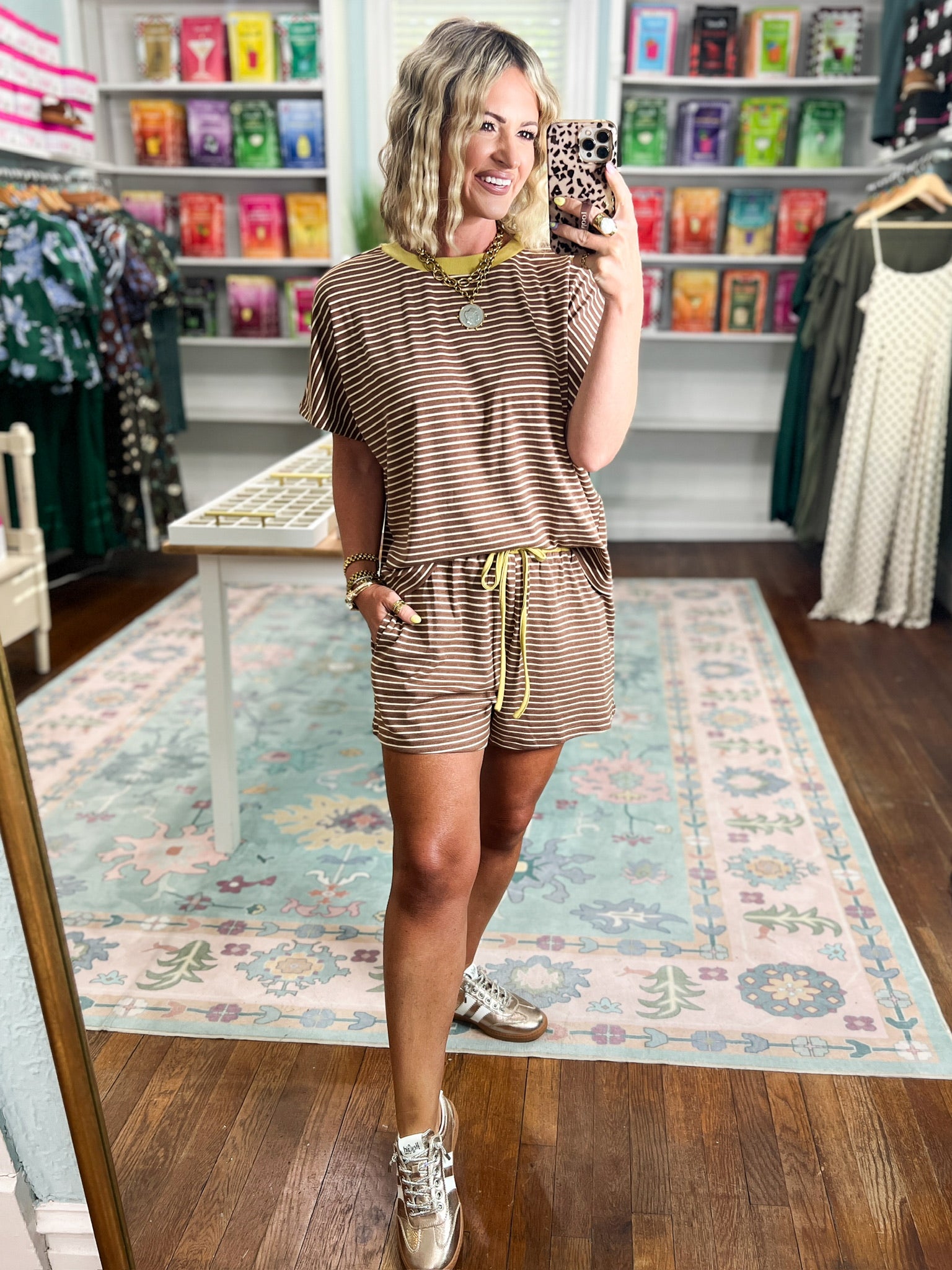 New Days Striped Knit Top and Shorts Set -Mocha/Gold