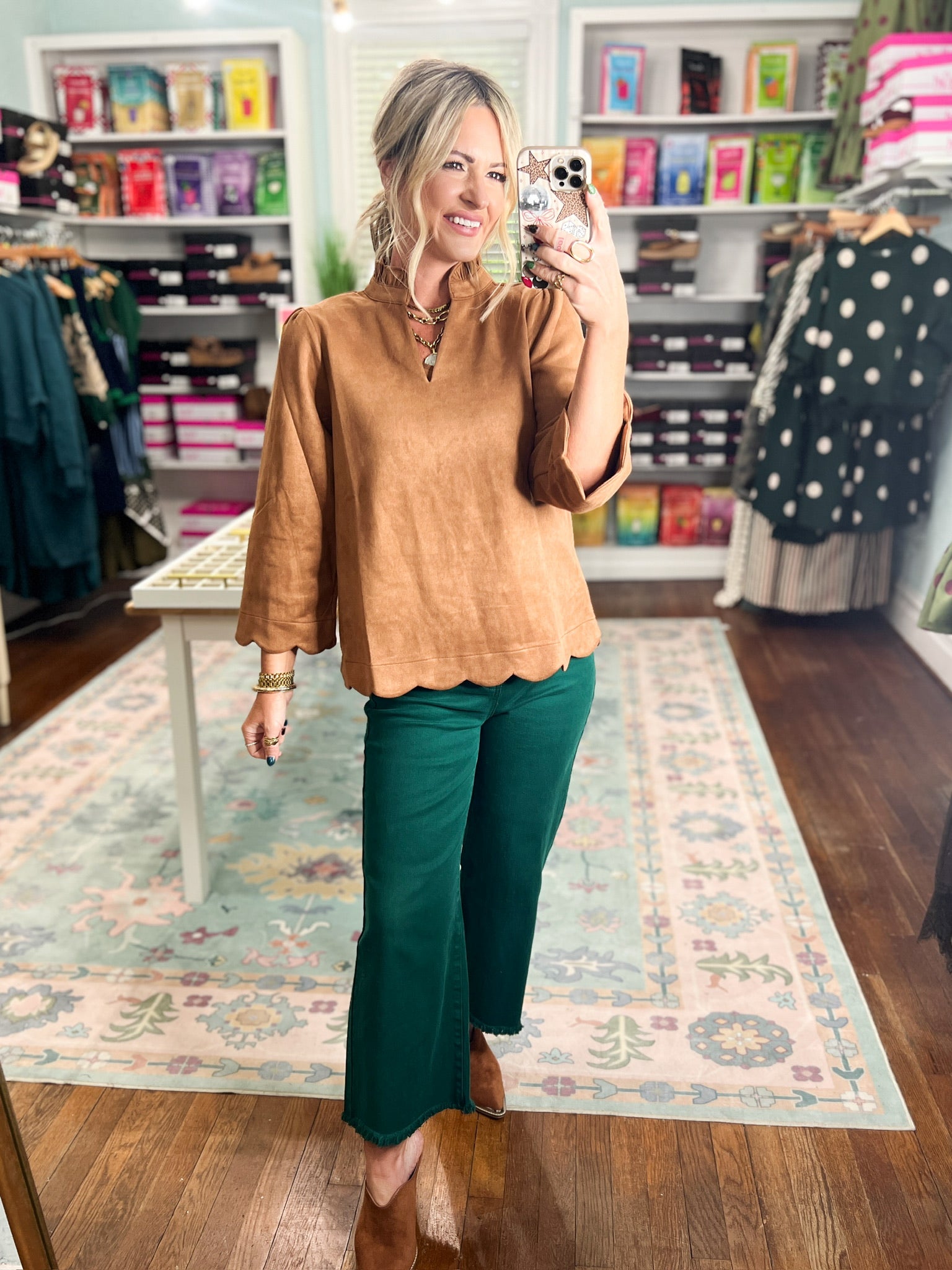 Camel faux suede long-sleeve top with high collar and straight hem