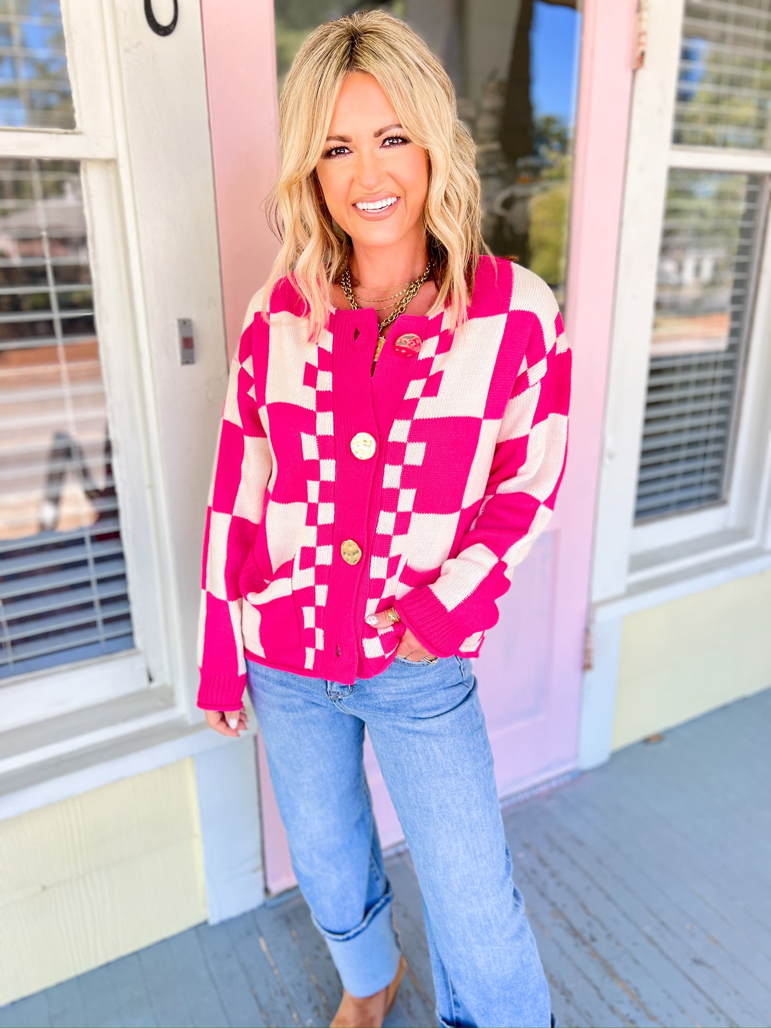 Checking It all Out Sweater Cardigan - Hot Pink/Cream