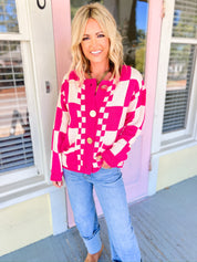 Checking It all Out Sweater Cardigan - Hot Pink/Cream